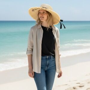 S&S Life is Good‎ Embroidered Straw Sun Hat Wide Brim Frayed Edge Beige Ribbon